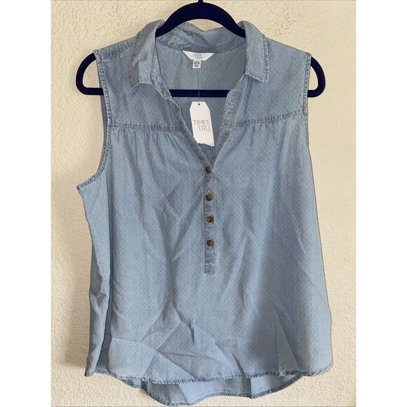 New Denim Tank Button Collar L Women Swiss Dot Western Country Yellowstone - Picture 1 of 8